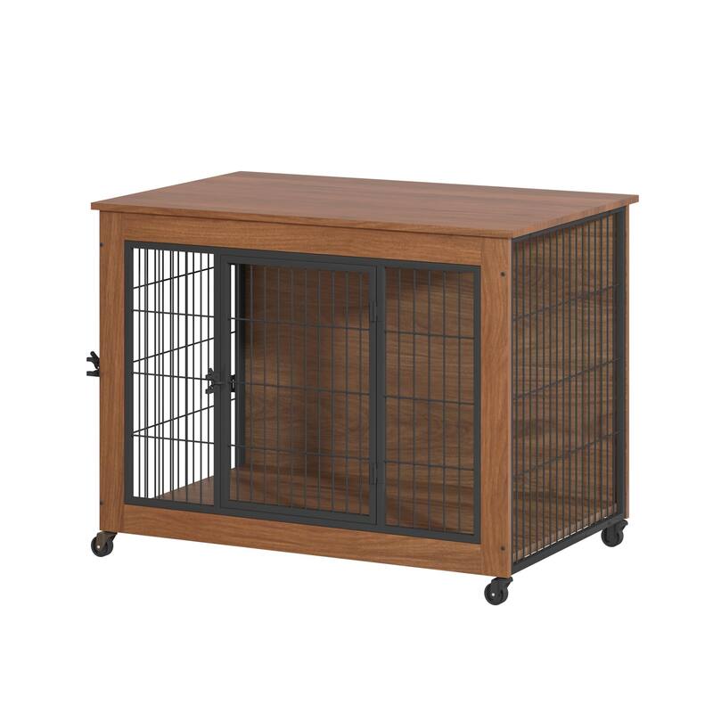 38.6" Dog Crate Furniture with Wheels for Small Dogs, Heavy Duty Dog Kennel Indoor with 2 Doors, Wooden Pet Cage End Table
