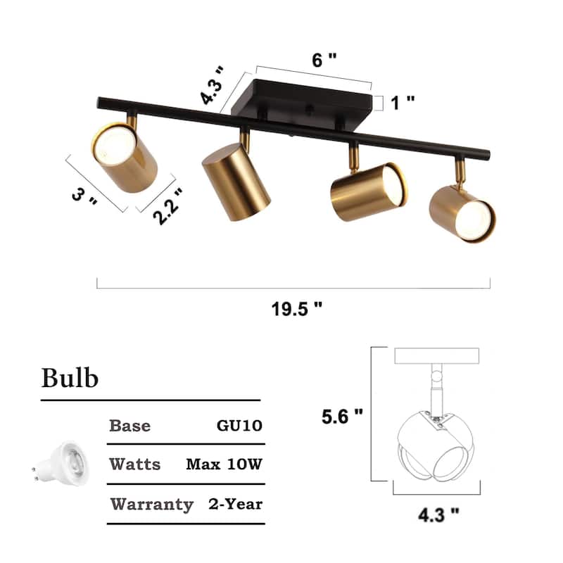 Modern Farmhouse 4-Light Gold Semi-Flush Mount Ceiling Light Track Lighting Industrial Spotlights - L 19.5" x W 6.5" x H 4.5"