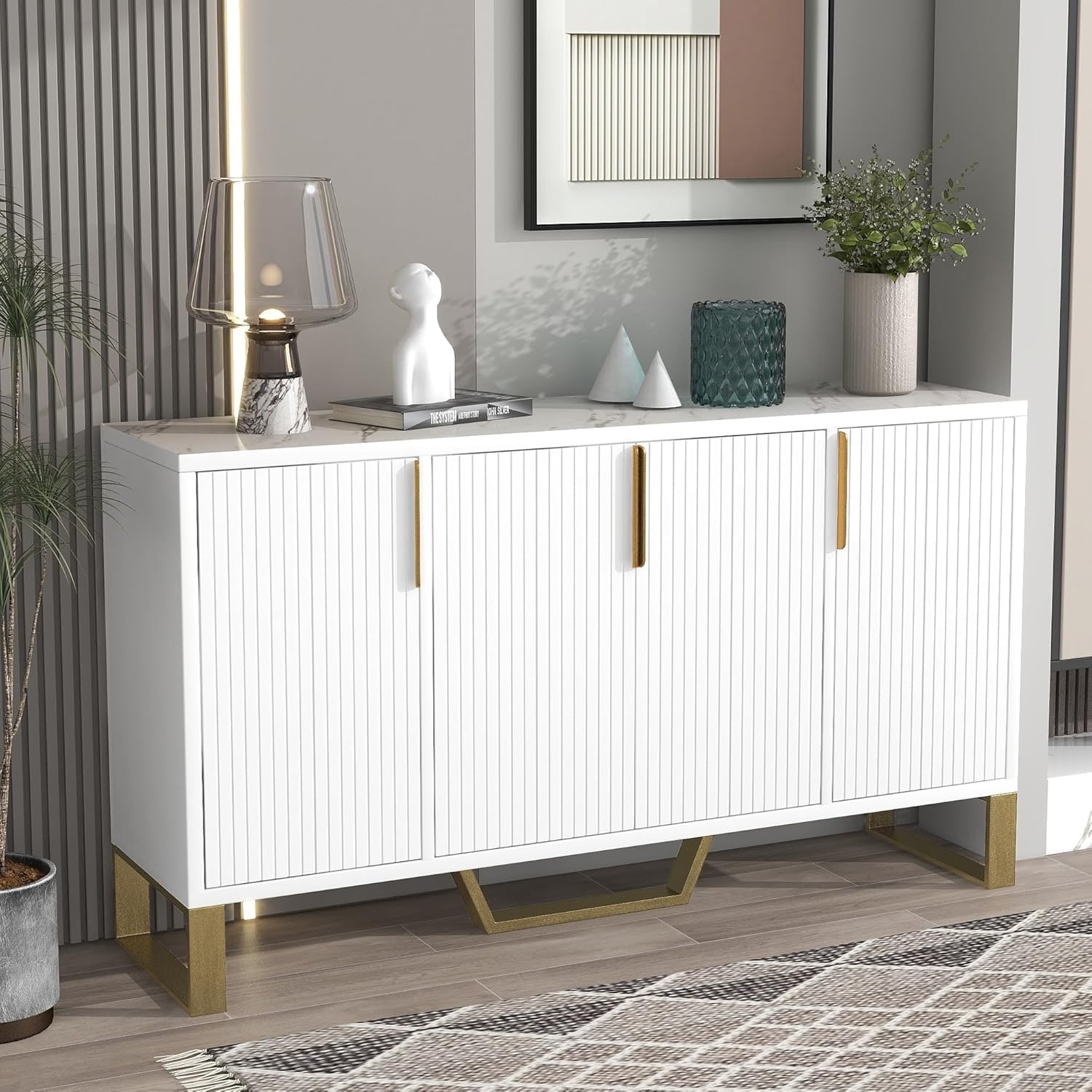 Large Modern Marble Top Sideboard with 4 Doors and Adjustable Shelves for Living Room or Kitchen