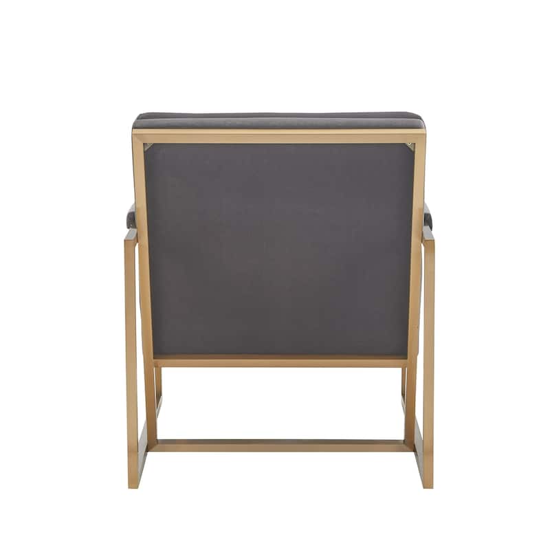 Cid Dave 27 Inch Accent Chair, Tufted Gray Velvet, Square Steel Legs, Brass