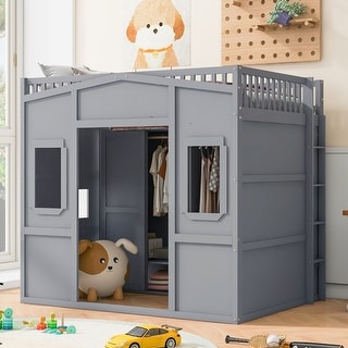 Full Size House Loft Bed with Built-in Wardrobe, Ladder, and Solid Pine Wood Construction, Guard Rails for Safety, Grey