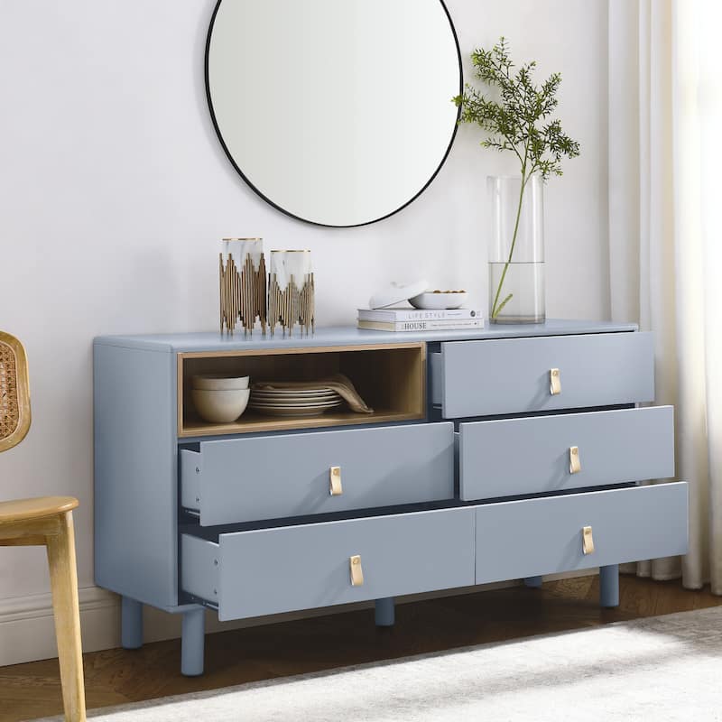 Modern 5 Drawer 55.12 in. Dresser Wood Storage Cabinet with Leather Handle, Open Shelf Drawer Cabinet
