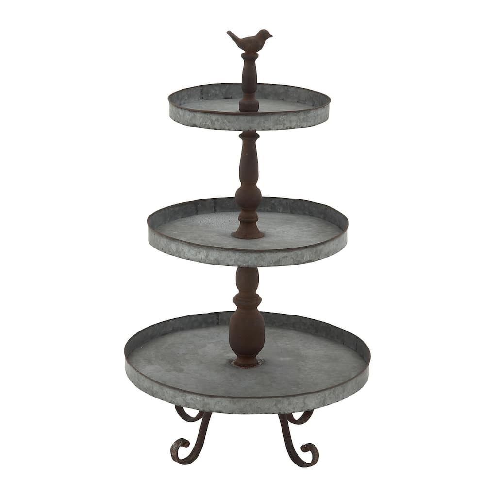 Metal Bird 3 Level Tiered Server with Scrolled Base - Silver - Roche River Decor