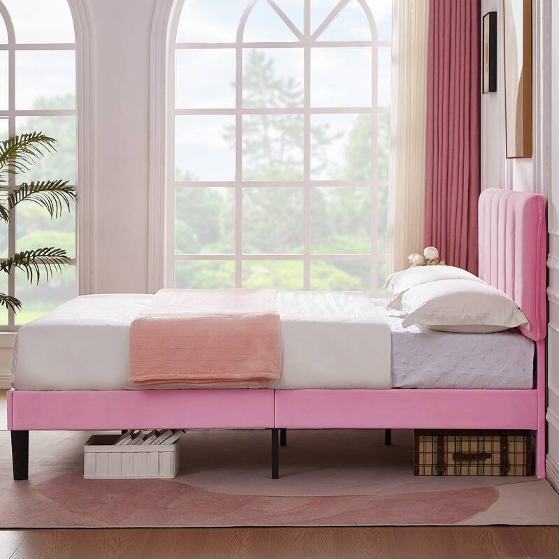 VECELO Pink Tufted Upholstered Platform Bed Frame with Adjustable Height Headboard Twin/Full/Queen Size Beds