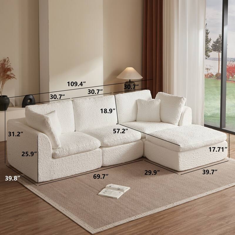 110" Convertible L-Shape 3-Seater Cloud Sectional Sofa with Ottoman