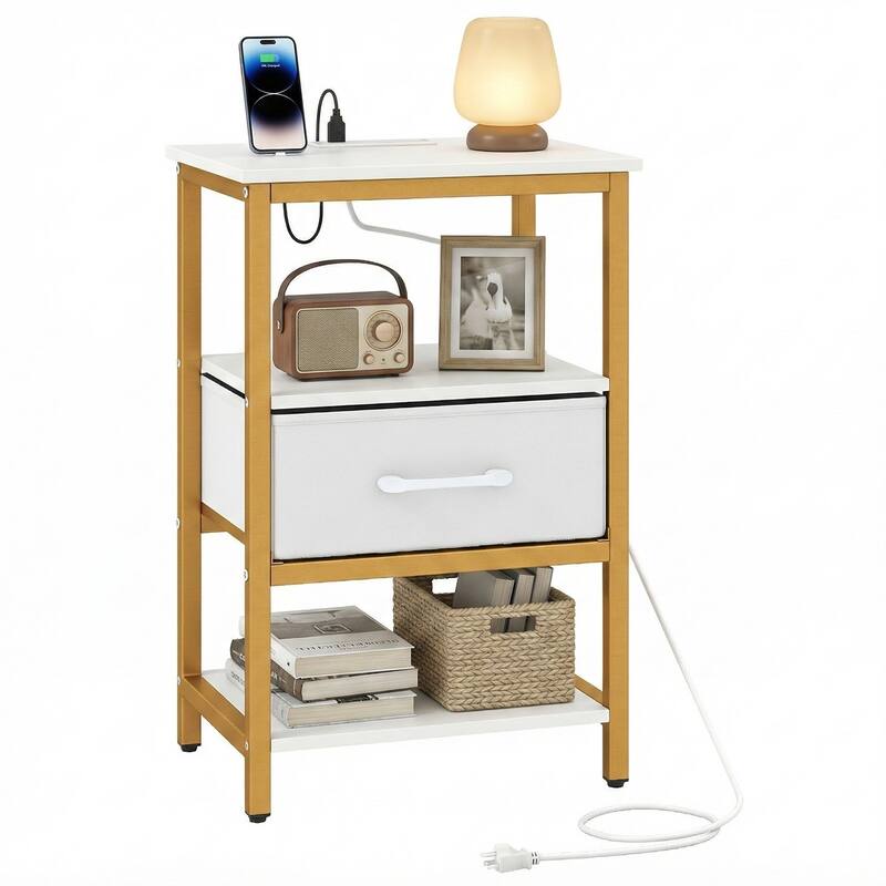 Gymax Nightstand w/Charging Station Fabric Drawer & Open Storage - Golden & White - 1-drawer