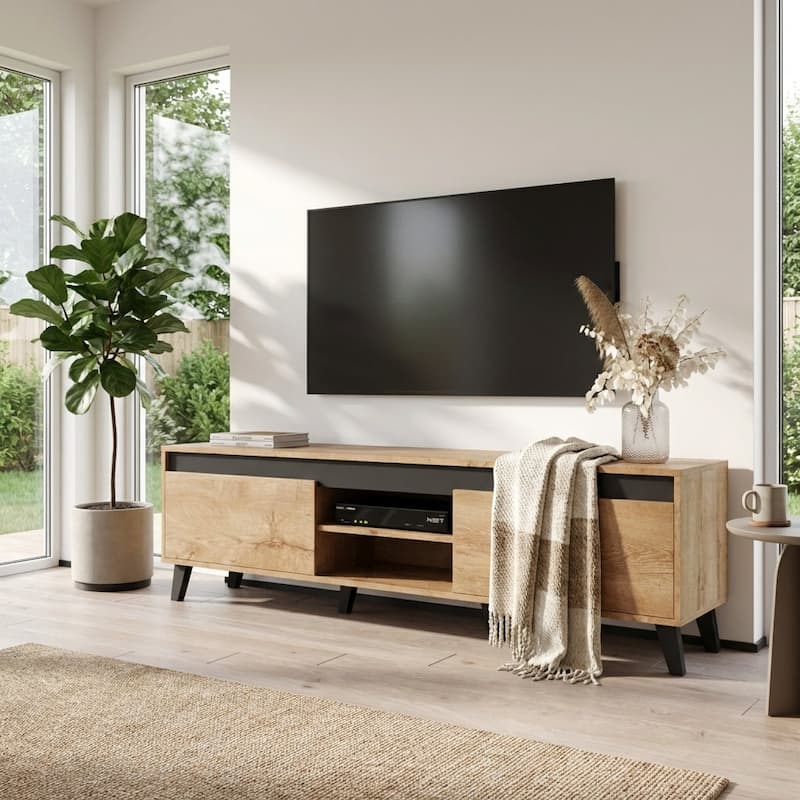 Meble Furniture Nord II Modern TV Stand 67" Entertainment Console with Storage - Mid-Century Design for up to 75" TVs - 66.9"W