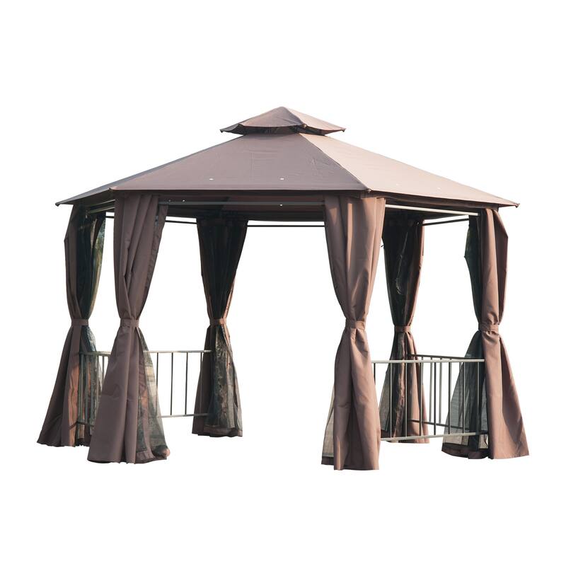 Outsunny 7' x 7' 2-Level Hexagon Outdoor Patio Gazebo Canopy Pavilion with Removable Mesh Curtains, Double Tiered Roof