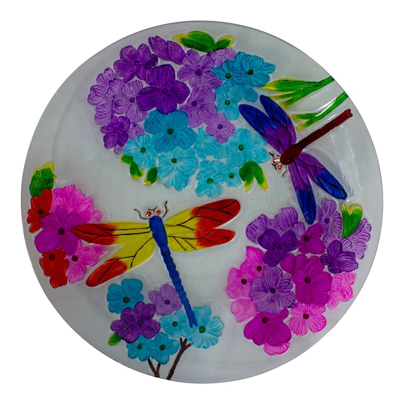 18" Pink Purple Dragonflies Hand Painted Glass Outdoor Patio Birdbath