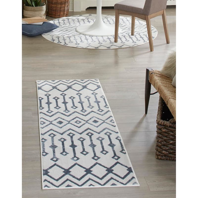 Contemporary Pico Collection Area Rug - 2'x8' - Ivory-Navy Blue