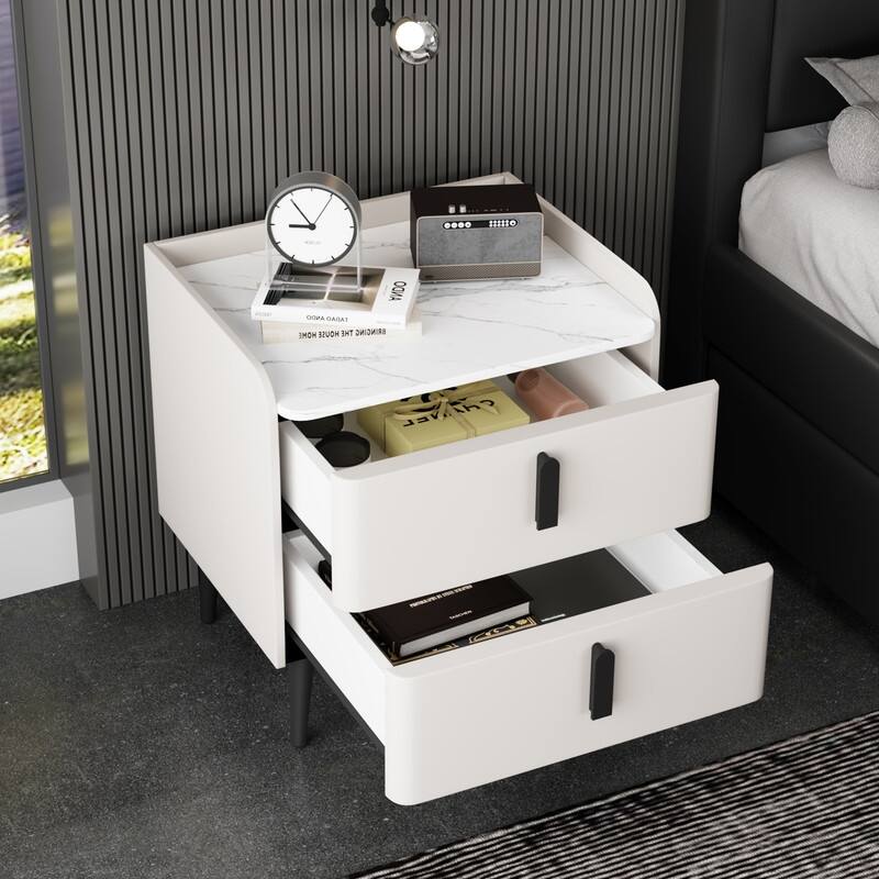 Nightstand with 2 Drawers and Marble-Pattern Tabletop, Modern Beside Table - White