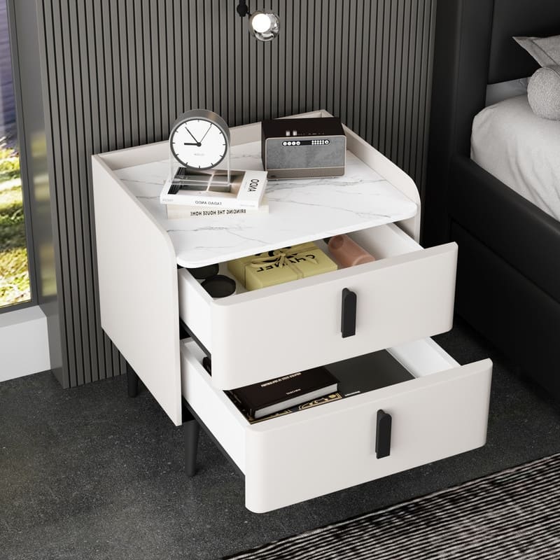 Nightstand with 2 Drawers and Marble-Pattern Tabletop, Modern Beside Table
