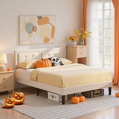 VECELO Bed Frame with Adjustable Headboard Upholstered Button Tufted Platform Bedframe with Wood Slats Support