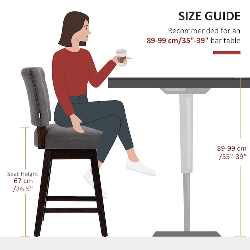 HOMCOM Swivel Bar Stools Set of 2, Fabric Tufted Counter Height Bar Stools with Rubber Wood Legs and Footrest for Dining Room