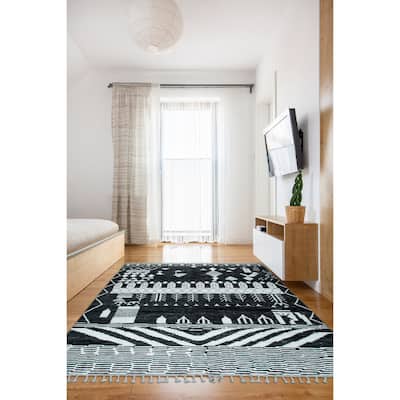 Home Decor Black Hand-Knotted Wool Contemporary Marrakech Handspun Area Rug. Elegant and Durable Rug for Living Room, Bedroom