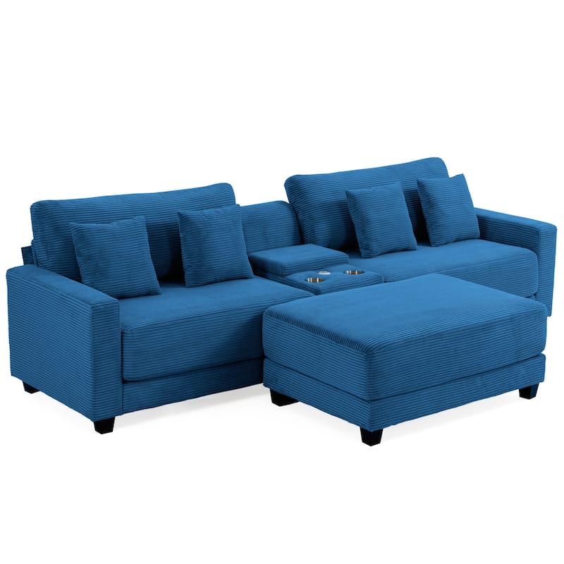 Oversized Corduroy Upholstered Sofa with a Removable Ottoman & 4 Pillows