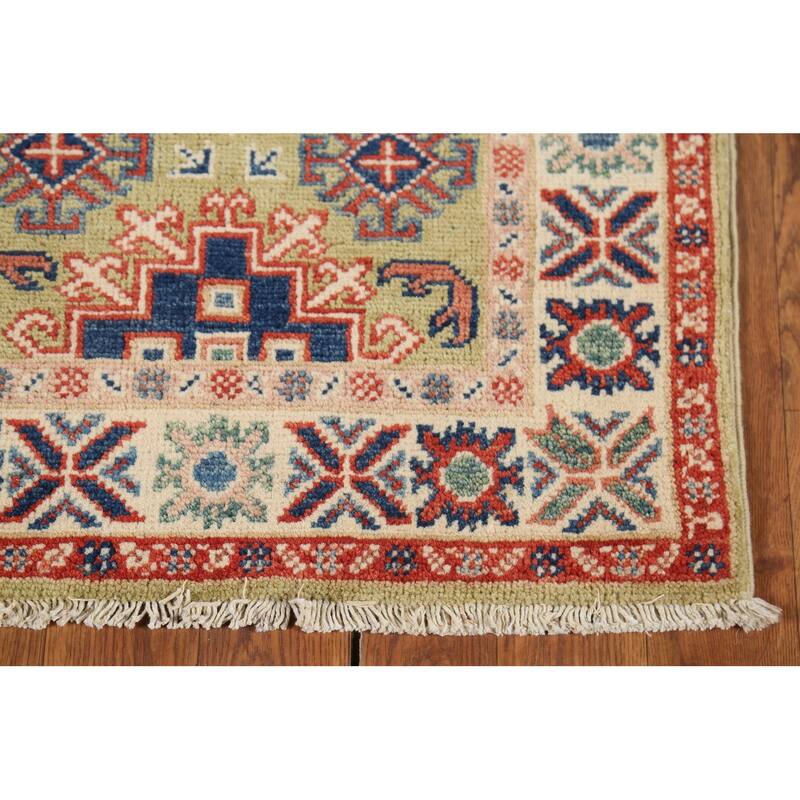 Pistachio Green Geometric Kazak Oriental Rug Hand-Knotted Wool Carpet - 2'1"x 2'10"