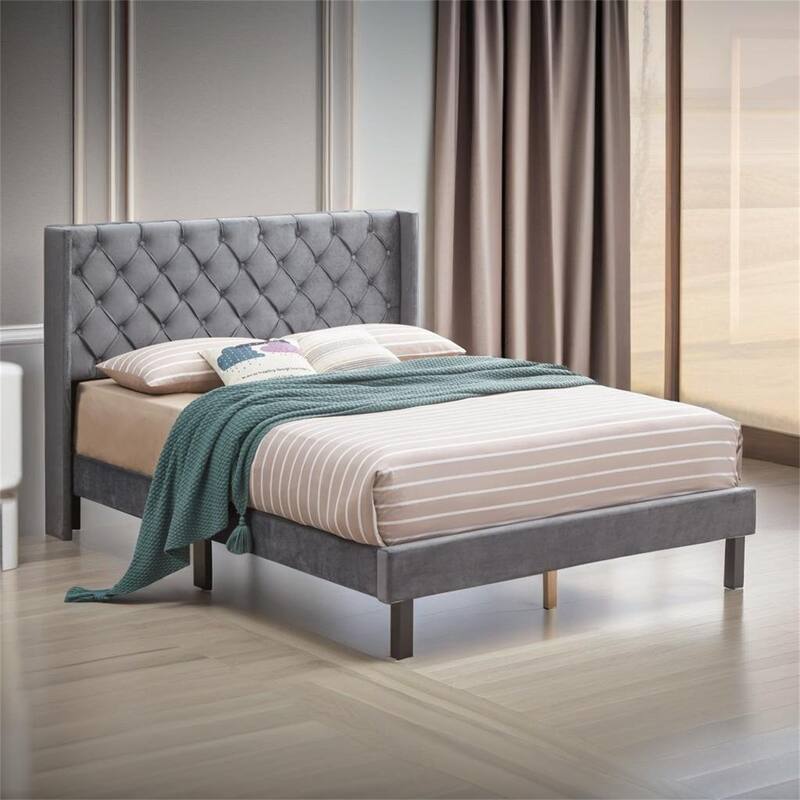 Velvet Button Tufted-Upholstered Bed with Wings Design - Grey