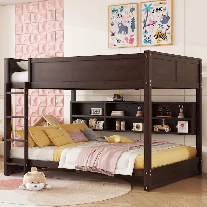 Queen Over Queen Bunk Bed with Storage, Charging Station, Ladder, Safety Rails, Solid Pine Wood, Brown