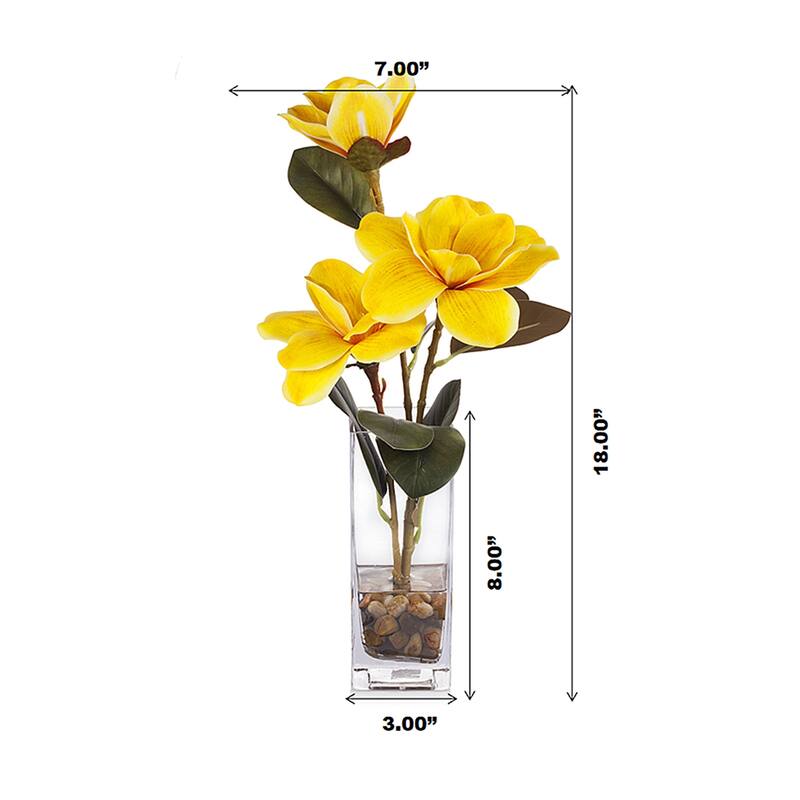 Enova Home Artificial Real Touch Magnolia Faux Flowers Arrangement in Rectangle Glass Vase with Faux Water and River Rock