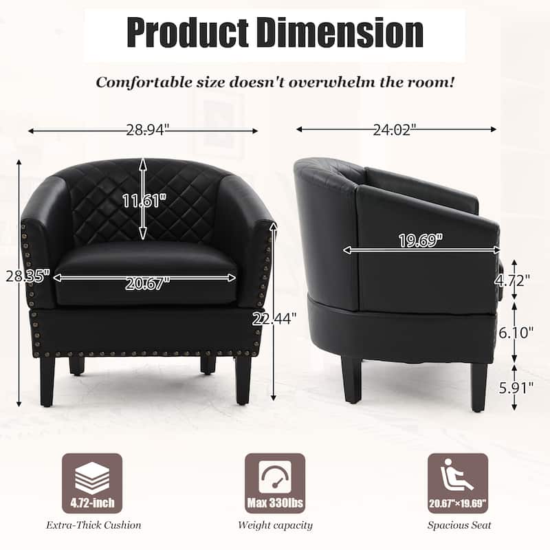 HOMEFUN Leather Upholstered Nailhead Wooden Frame Barrel Club Chair with Solid Woood Legs