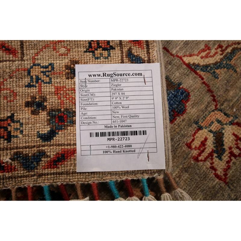 Vegetable Dye Ziegler Oriental Runner Rug Hand-Knotted Wool Carpet - 2'9" x 9'9"