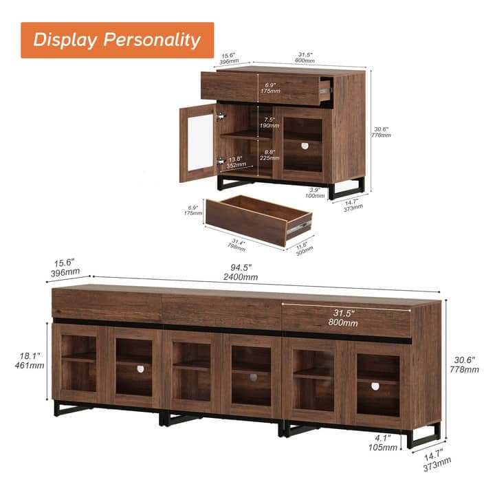 WAMPAT Modern TV Stand with Glass Doors for 110 inch TVs, Entertainment Center Console with 3 Drawers and Metal Base