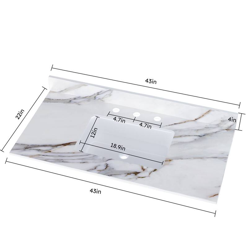 43 Inch Marble Vanity Top, Bathroom Vanity Top with Undermount Rectangular Middle Sink and 4" Height Backsplash