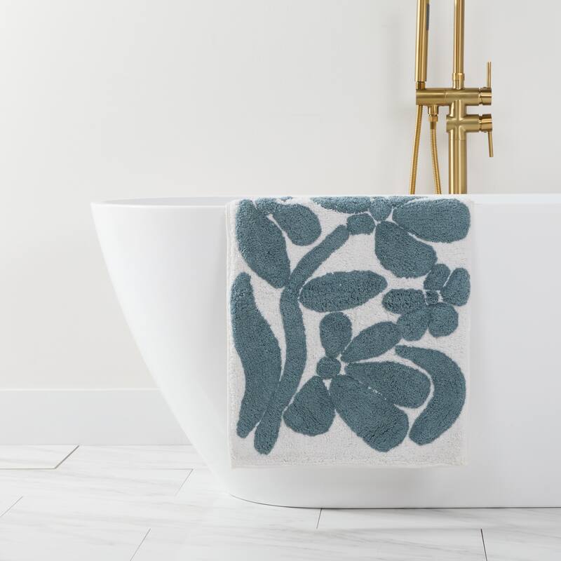 Becky Cameron 100% Cotton Floral Patterned Bath Mat - 34" x 21" - Light Blue Floral