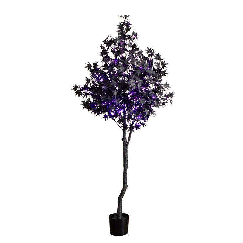 Pre-Lit Halloween Black Maple Artificial Potted Tree - 6' - Multicolor LED Lights