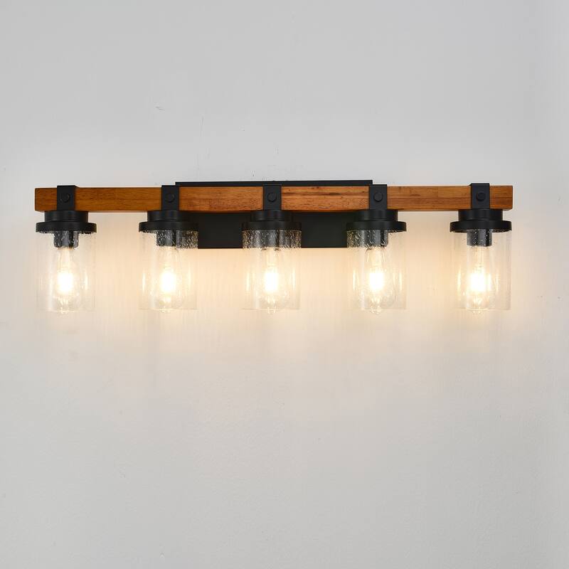 5-Light Matte Black +Wood Wall Lamps with Glass Lamp Shades (No Bulbs) For Bathroom Kitchen Dinning Room