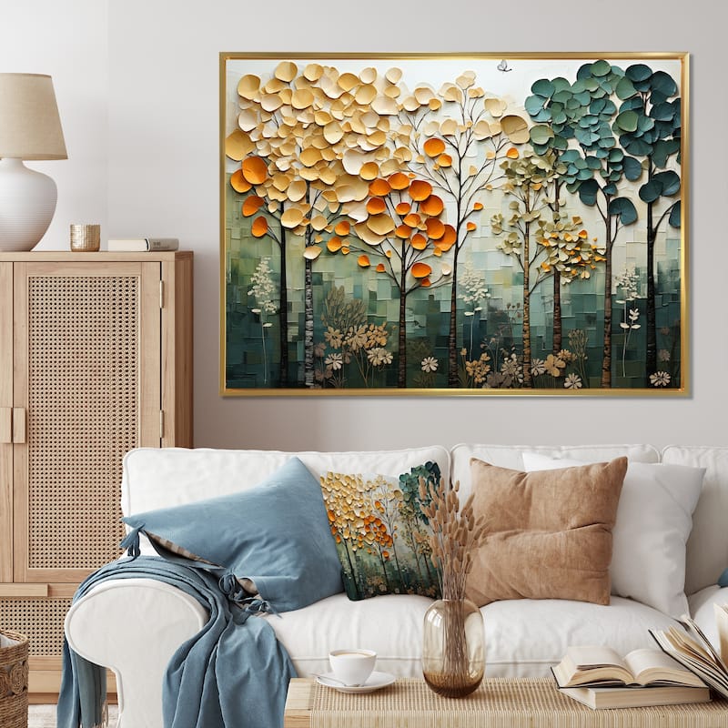 Designart "Orange Green Trees Canopy Patchwork I" Landscape Trees Framed Wall Art Living Room - 40 in. wide x 30 in. high - Gold
