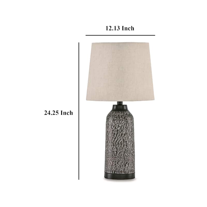 Table Lamp Set of 2, Beige Drum Shade, Black Hammered Motif Metal Base