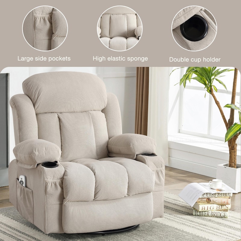Swinging Recliner Massage Heated Sofa, with USB and 2 Cup Holders in Side Pockets
