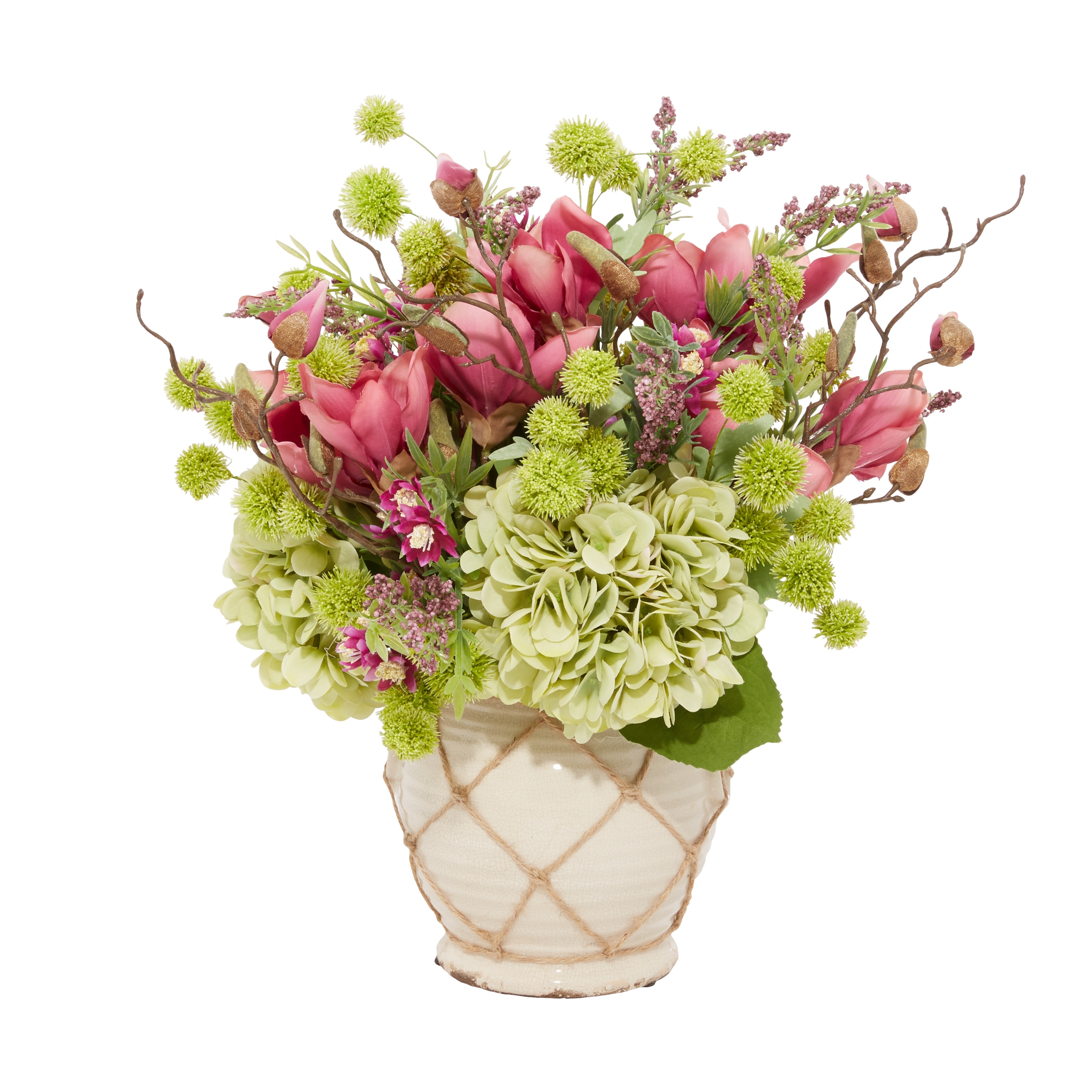 Mixed Flower Arrangement In A Ceramic Vase W Green Snowballs Hydrangea Mauve Magnolias And Magenta Heather 25 L X 20 H Overstock 32044031