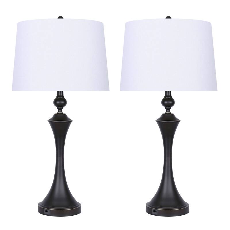 Flint 30.75" Metal Table Lamp with USB (Set of 2) - Oil Rubbed Bronze/Off-White Linen Shade
