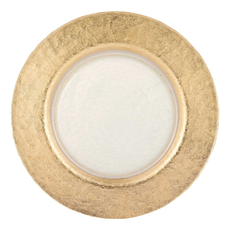 HomeRoots 13" Clear And Gold Round Glass Handmade Charger Plate