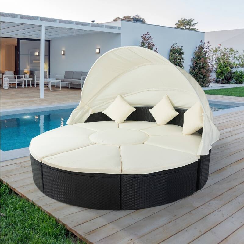 Outdoor Round Daybed Sofa with Retractable Canopy Black