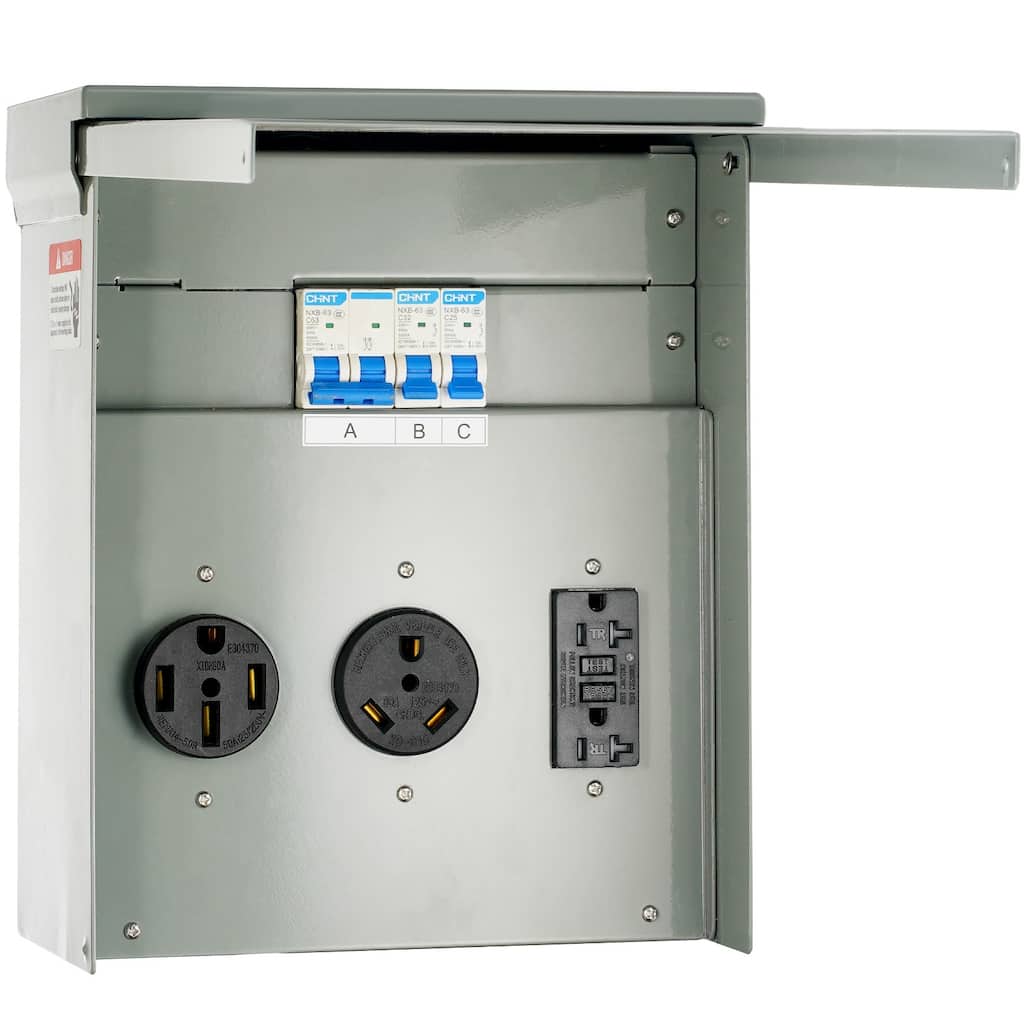 Temporary Power Outlet Panel, 125/250V, RV Power Outlet Box with a 20/30/50 Amp Receptacle Installed - 20/30/50 Amp