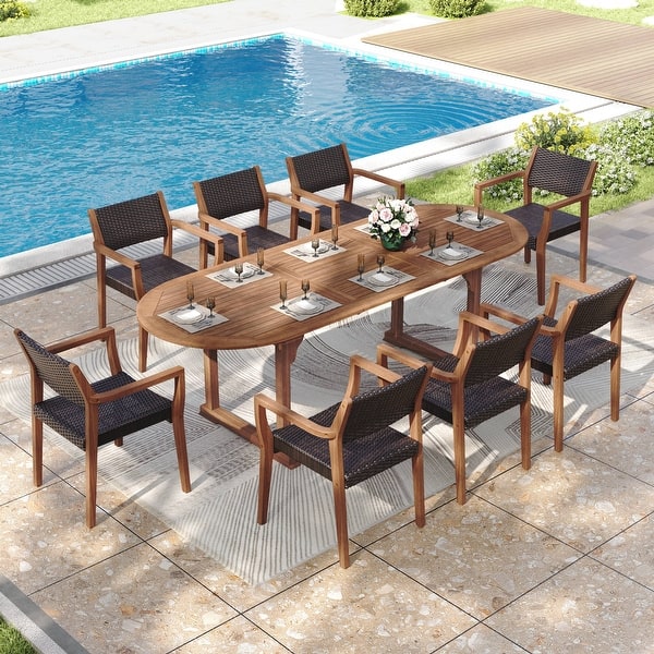 slide 2 of 18, MAISON ARTS Acacia Wood Outdoor Dining Set, Expandable Table with Wicker Chairs, Farmhouse Patio Furniture 9-Piece