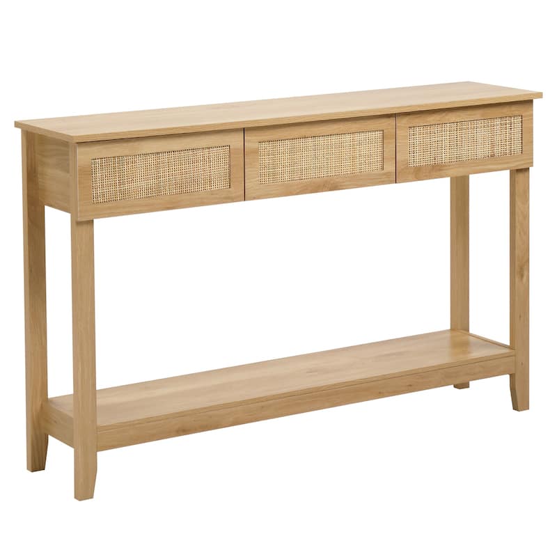 Natural Wood MDF Rattan Inspired Console Table with 3 Drawers and Shelf - 51.2 x 11.8 x 32 in
