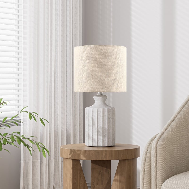 KAWOTI Modern White Ceramic Table Lamp with Linen Drum Shade - W9" x 17.5"