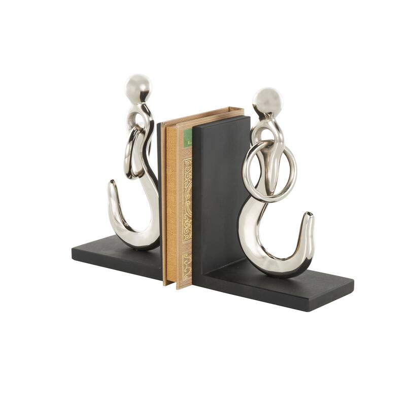 Silver Aluminum Metal Hook Decorative Bookends with Black Bases (Set of 2)