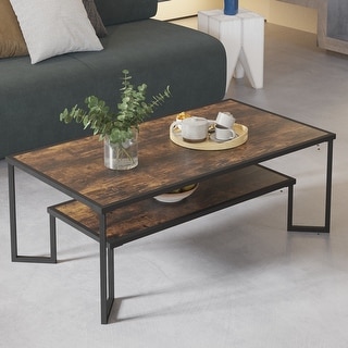 Dual Tier Coffee Table with 2-Tier Wood Storage Shelf for Living Room ...