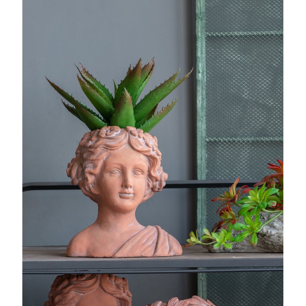 9x5.5x9.5" Brown Head Bust Planter, Greek Style Cement Head Planter - Indoor Outdoor Home Garden Decor