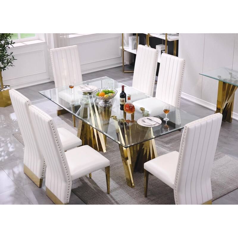 Luxury White Leather Dining Room Chairs with Polished Gold Stainless