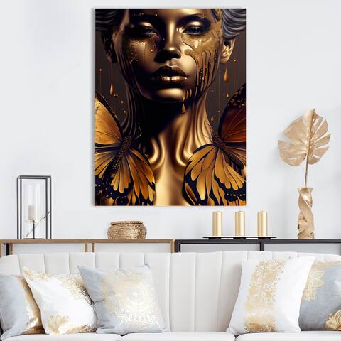 Designart 'Attractive Woman With Gold Butterflies IV' Woman Butterfly Metal Wall Art