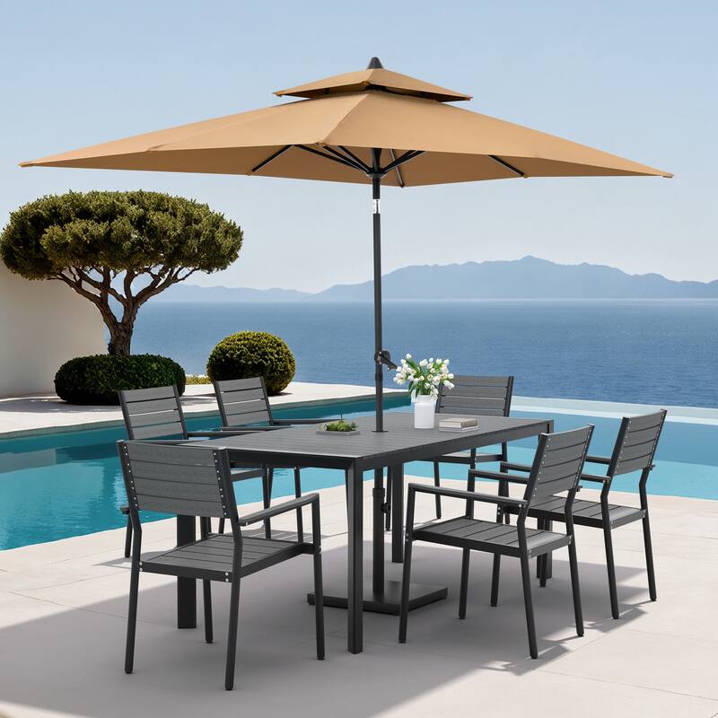 9-Piece Outdoor Patio Dining Set Wood Like Aluminum Umbrella Hole Table with Stackable Armchairs, Market Umbrella and Base - GreyTable&GreyChairs&TanUmbrella
