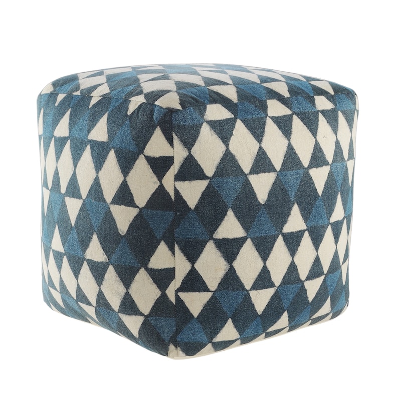 Blue Geometric Pouf Ottoman 20" Cotton Footrest for Modern Living Room and Home Seating - Blue-White