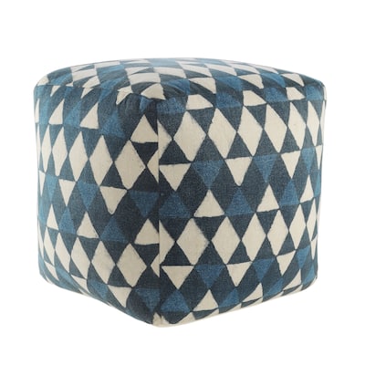 Blue Geometric Pouf Ottoman 20" Cotton Footrest for Modern Living Room and Home Seating